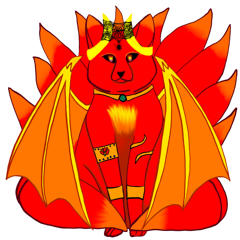 A red and orange fox with dragon wings, horns, and jewelry.
